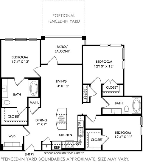 Floor plan for 3 beds, 2 baths, 1390 sqft